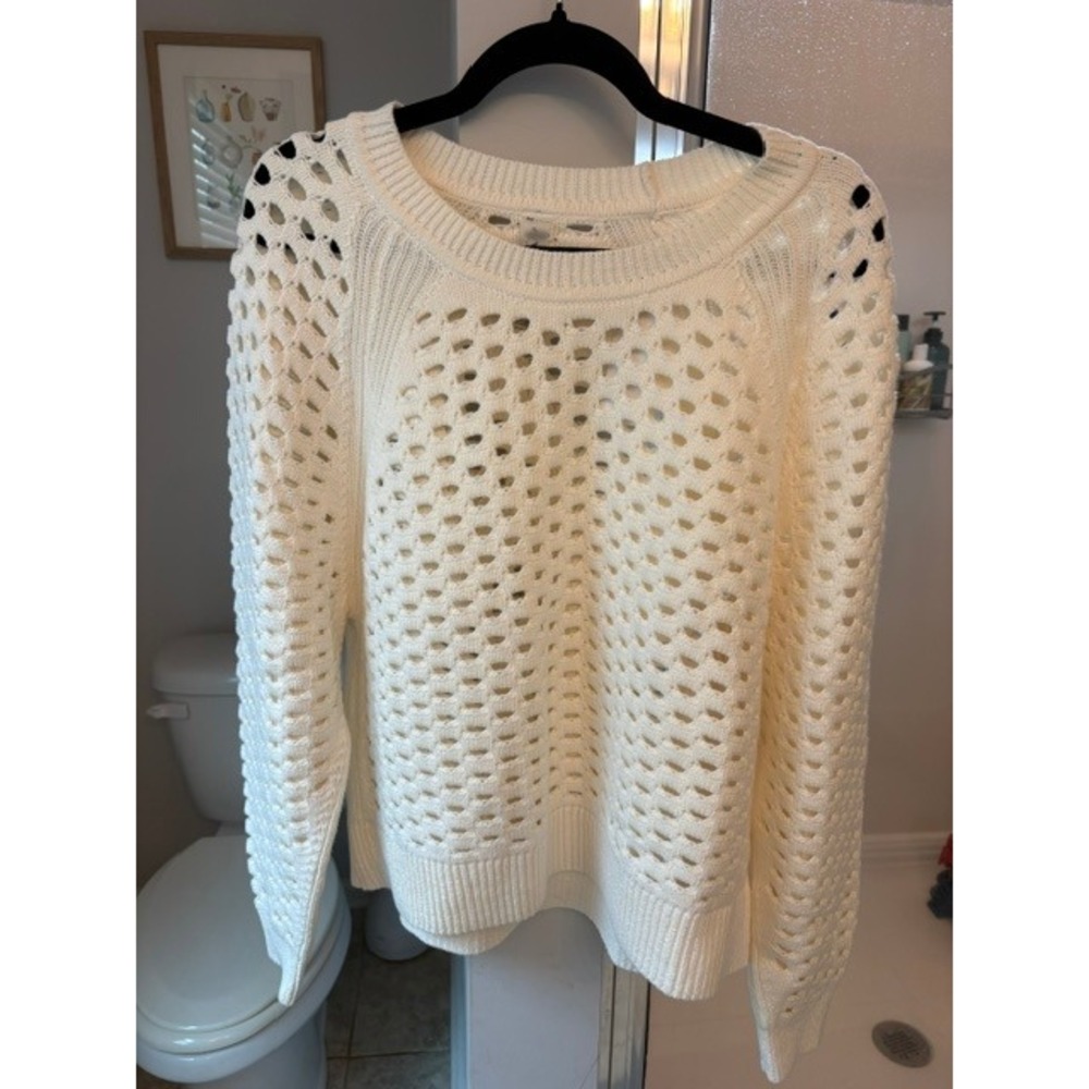 Lou & Grey LOFT Women's XL Cream Open Knit Crewneck Sweater Coastal